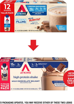 Atkins Milk Chocolate Delight High Protein Shake, 15g Protein, 12 Count | 15g Protein, 3g Fiber, 2g Net Carb, 1g Sugar, Chocolate Flavored, Keto Friendly, Ready to Drink, 12 Count