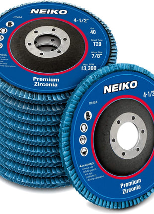 Neiko 11142A Premium Zirconia Flap Disc | 4.5" x 7/8-Inch, 40 Grit, Bevel Type #29 - 10 Pack