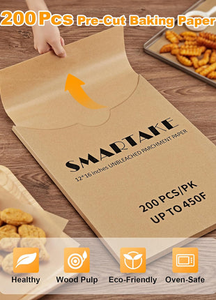 SMARTAKE 200 Pcs Parchment Paper Baking Sheets, 12x16 Inches, Non-Stick | Unbleached Pre-Cut Greaseproof Baking Parchment, Oven Safe up to 450°F, for Grilling Frying Steaming Bread Cup Cake Cookies
