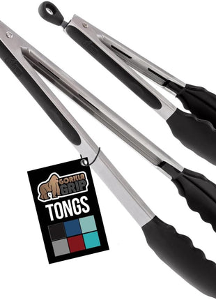GORILLA GRIP Stainless Steel Heat Resistant Kitchen Tongs for Cooking, Set of 2 BBQ Tong, Non Scratch Silicone Tip for Pans, Strong Grip, Grab Food, Toss Salad, Air Fryer, Pull Lock, 7 + 9 Inch, Black
