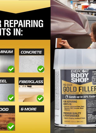 Evercoat Body Shop 105005 Pro-Grade Gold Filler Sands up to 50% Faster, Multipurpose for Dents in Aluminum, Fiberglass & More, Easy Mix Hardener Included 13 Fl Oz.