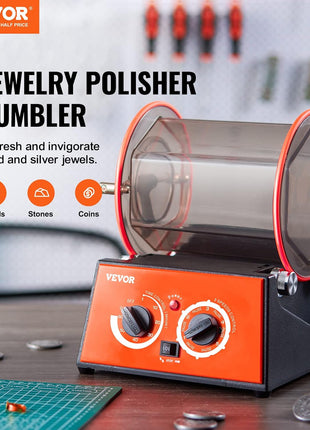 VEVOR Jewelry Polisher Tumbler, 6.6lbs/3kg Capacity Mini Rotary Tumbler Machine with 0-60 Minutes Timer, 5 Speeds Jewelry Rotary Finisher for Surface Polishing Grinding Buffing Gemstones Jewels Coins