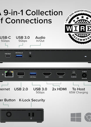 Plugable USB-C Docking Station Dual Monitor 4K 60Hz (2×HDMI), 65W Charging, Gigabit Ethernet, USB-C & 3×USB-A 5Gbps, Audio, Driverless for Windows/ChromeOS (UD-MSTH2)