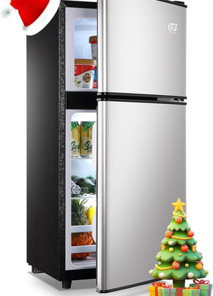 3.5 Cu.Ft Refrigerator with Freezer, 2 Doors Fridge with Adjustable Thermostat Control, Refrigerator for Kitchen, Dorm, Apartment, Garage, Office, Silver