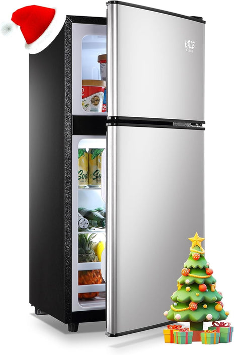 3.5 Cu.Ft Refrigerator with Freezer, 2 Doors Fridge with Adjustable Thermostat Control, Refrigerator for Kitchen, Dorm, Apartment, Garage, Office, Silver