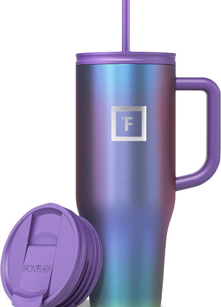 IRON °FLASK 40 oz Co-Pilot Insulated Travel Mug | Insulated Travel Mug with Straw & Flip Cap Lids - Cup Holder Fit, Leakproof, BPA Free (Aurora)