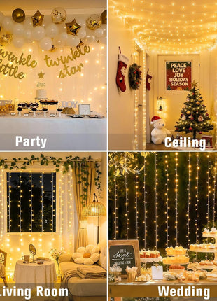 JMExSUSS 300 LED Remote Control Christmas Curtain Lights, Plug in Fairy Curtain Lights Outdoor, Window Wall Hanging String Lights for Bedroom Backdrop Wedding Party Indoor Patio xmas Decor, Warm White