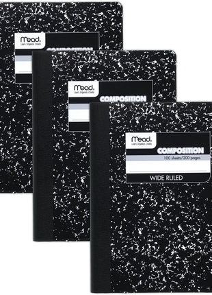 Mead Composition Notebook, 3 Pack, Wide Ruled Paper, 7-1/2 inch x 9-3/4 inch, 100 Sheets per Comp Book, Black Marble (38301)