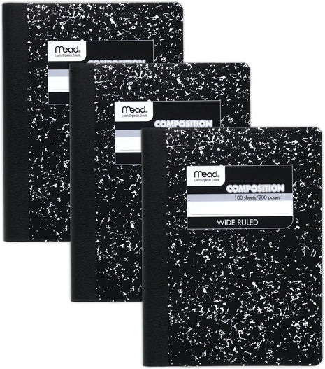 Mead Composition Notebook, 3 Pack, Wide Ruled Paper, 7-1/2 inch x 9-3/4 inch, 100 Sheets per Comp Book, Black Marble (38301)