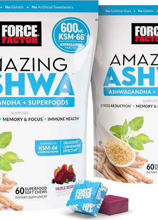 Force Factor Amazing Ashwa, Ashwagandha Supplement for Stress Relief | Memory, Focus, and Immune Support with KSM-66 Ashwagandha for Stress, Triple Berry, 120 Soft Chews