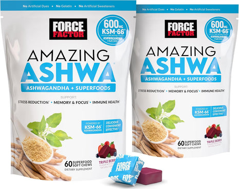 Force Factor Amazing Ashwa, Ashwagandha Supplement for Stress Relief | Memory, Focus, and Immune Support with KSM-66 Ashwagandha for Stress, Triple Berry, 120 Soft Chews