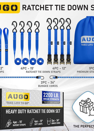 AUGO Ratchet Straps Heavy Duty 4 Pack -15 FT - 2200 LB Break Strength – with Safety Lock S Hooks - Cargo Straps for Moving, Appliances, Motorcycle – Soft Loop Tie Down Straps