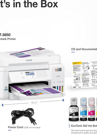 Epson EcoTank ET-3850 Wireless Color All-in-One Cartridge-Free Supertank Printer with Scanner, Copier, ADF and Ethernet – White (Renewed)