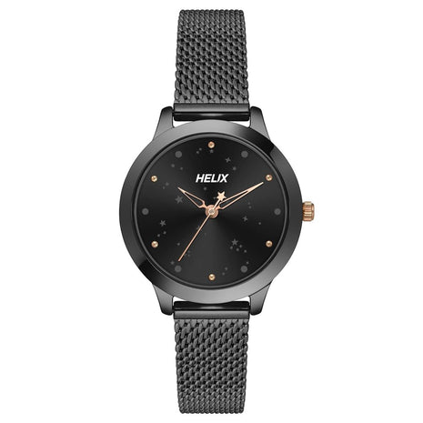 Helix by Timex Analog Watch for Women with Black Round Dial & Black Stainless Steel Mesh Bracelet Band Water Resistant Women's Wrist Watches - TW022HL36