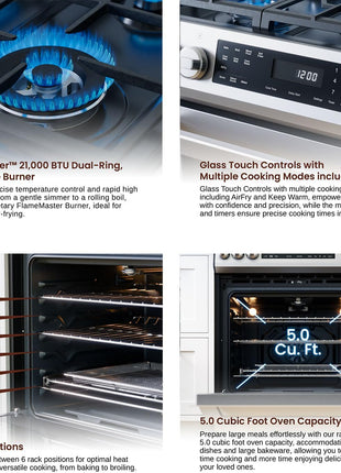 Rangaire RRG303GS 30" Glass Touch Gas Range Oven - Stainless Steel, Sealed Burners, True Convection, Self Cleaning, Easy Reach Racks