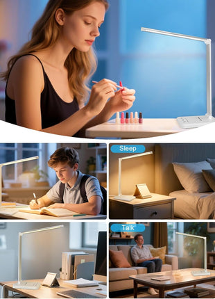 White crown LED Desk Lamp Dimmable Table Lamp Reading Lamp with USB Charging Port, 5 Lighting Modes, Sensitive Control, 30/60 Minutes Timer (White, First-Generation)