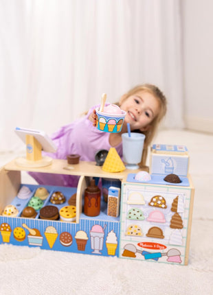 Melissa & Doug Cool Scoops Ice Creamery, Wooden Ice Cream Shop & Counter with Play Food & Play Kitchen Accessories, Preschool Learning Toys for Girls & Boys 3+ - FSC Certified