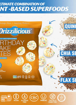 Drizzilicious Mini Flavored Rice Cakes Birthday Cake - Rice Crisps, Healthy Snack for Adults and Kids, Vegan, Gluten Free Snack, Allergen Free, Only 90 Calories Per Bag - 0.74 oz (Pack of 10)