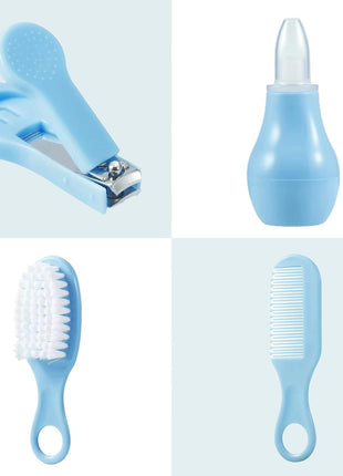 PandaEar Baby Healthcare & Grooming Kit - Baby Safety Set Comb, Brush, Finger Toothbrush, Nail Clippers, Scissors, Nasal Aspirator - Nursery Care Kit (Blue)