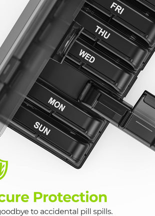 AUVON Weekly Pill Organizer 2 Times a Day, One-Side Large Opening, Easy‐Use | AM PM Pill Case, XL Pill Box 7 Day, Travel Medication Organizer for Medication, Vitamins, Fish Oils, Supplements, Black