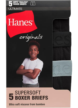 Hanes Ultimate Boys' Originals SuperSoft Boxer Brief Underwear, Viscose from Bamboo Fabric, Black, 5-Pack