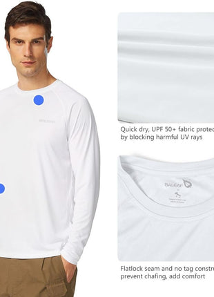 baleaf Men's Sun Protection Shirts UV SPF T-Shirts UPF 50+ Long Sleeve Rash Guard Fishing Running Quick Dry White Size L