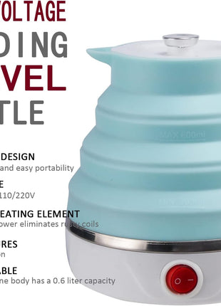 Travel Foldable Electric Kettle, Collapsible Electric Kettle Food Grade Silicone Small Pot Boiling water,Dual Voltage(600ml,110-220V US Plug) (Blue)