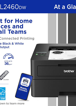 Brother HL-L2460DW Wireless Compact Monochrome Laser Printer with Duplex, Mobile Printing, Black & White Output | Includes Refresh Subscription Trial(1), Works with Alexa | Mobile printing