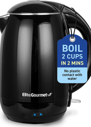 Elite Gourmet EKT1821 1.8L Cool-Touch Kettle, 1500W Stainless Steel, Black | Double Wall Insulated, Stainless Steel Interior & Lid, 360° Swivel Base, Power-On Lever, Auto Shut-Off & Boil-Dry Protection