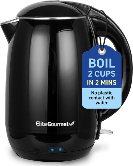 Elite Gourmet EKT1821 1.8L Cool-Touch Kettle, 1500W Stainless Steel, Black | Double Wall Insulated, Stainless Steel Interior & Lid, 360° Swivel Base, Power-On Lever, Auto Shut-Off & Boil-Dry Protection
