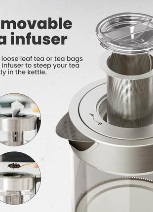 Viante Alba Electric Tea Kettle With Infuser, No Plastic, 1.5L | Borosilicate glass & 304 stainless steel construction. 4 temp presets, keep-warm, cordless, auto shut-off