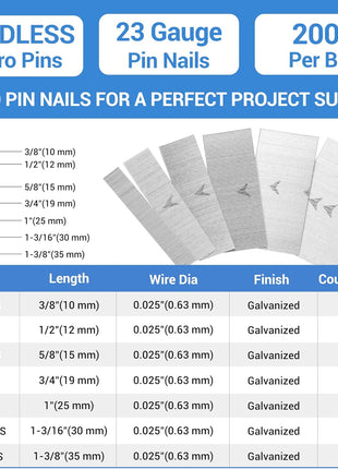 meite 23 Gauge Pin Nails, 1-3/8 Inch Micro Headless Pins - Galvanized 23GA Pins Nails for Nail Gun, Ideal for Fine Woodworking and Trim Work (2,000 Counts)