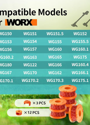 15 Pack Trimmer Spool Line for Worx,(WA0010)Replacement Weed Wacker String for Worx Weed Eater,Trimmer Line Refills 0.065'' for Worx,Suitable for Worx String Trimmers(12 Trimmer Spools,3 Trimmer Caps)