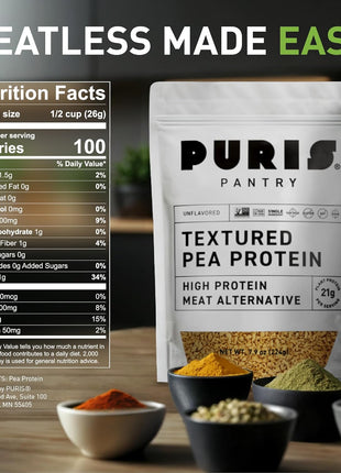 PURIS Pantry Textured Pea Protein, Unflavored Meatless Vegetable Crumbles, Soy Free, Shelf-Stable, Gluten Free, 21g of Protein, Plant-Based Vegan Meat Substitute, Equivalent to 1.5 Pounds Ground Beef