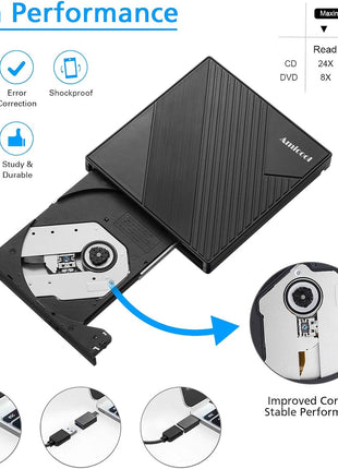 Amicool External DVD Drive USB 3.0 USB C CD Burner CD/DVD +/-RW Optical Drive, Slim Portable DVD CD ROM Rewriter Writer Duplicator for Laptop Desktop PC Windows 11/10/8/7 MacBook Mac Linux OS Apple