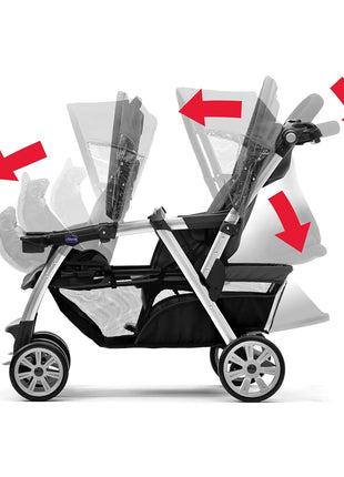 Chicco Cortina Together Double Stroller, 2-Seat, Foldable | Minerale Black/Silver, 100% polyester, fits 2 Chicco KeyFit seats, all-wheel suspension, baby travel stroller