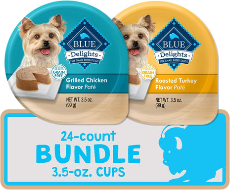Blue Buffalo Delights Natural Adult Small Breed Wet Dog Food Cups, Pate Style, Roasted Turkey & Grilled Chicken 3.5-oz (24 Count - 12 of Each Flavor)