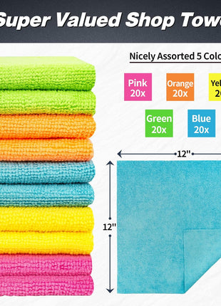 FIXSMITH Microfiber Cleaning Cloth, 100 Pack Shop Towels, Micro Fiber Cloth for Cleaning Car, All-Purpose Absorbent Cleaning Rags for Housekeeping, Dust Cloth for Office, Car Wash Towels, 12inx12in