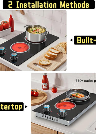 2 Burner Electric Cooktop 110V, Knob 12 Inch Electric Stove Top | 120V Stove Top Burner Knob Control, 2000W Countertop Stove, Timer, 9 Heating Levels, Overheat Protection, High-Temp Alarm