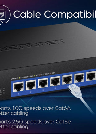 TRENDnet 8-Port 10G Switch, TEG-S708, 8 x 10G RJ-45 Ports, 160Gbps Switching Capacity Rack mountable, Ethernet Splitter, NDAA & TAA Compliant, Lifetime Protection, Black