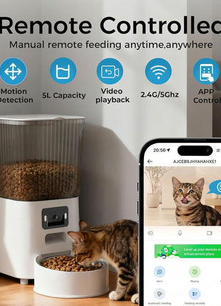 Automatic Cat Feeder with Wide-Angle Camera, 5L(Double-Bowl pro) | Auto Dog Food Dispenser , App Control, 1080P Night Vision,Motion Detection, Two-Way Audio, Large Hopper, Feeding Timer