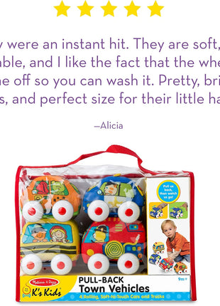 Melissa & Doug K's Kids Pull-Back Town Vehicle Set - Baby Toys Set with 4 Soft Toy Cars and Trucks, Surface Washable with Removable Wheels, Learning Toys for Babies and Toddlers