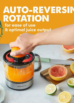 Elite Gourmet ETS623 BPA Free Electric Citrus Juicer, Compact, Large Volume, Pulp Control, Oranges, Lemons, Limes, Grapefruits with Easy Pour Spout, 24oz, Black/Stainless Steel