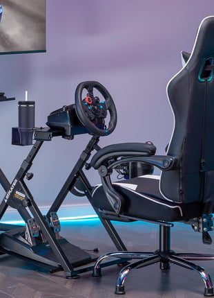 GTPLAYER Sim Racing Wheel Stand Simulator Cockpit Wheel Stand fit for Logitech G25 G27 G29 G920 G923 Thrustmaster T330TS Gaming Stand Wheel Pedals NOT Included, Deep Black With Cup Holder