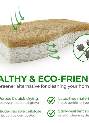 AIRNEX Natural Kitchen Sponges (12 Pack) - Biodegradable Cellulose & Coconut Scrubber Dish Sponges for Kitchen - Eco-Friendly, Non Scratch, Compostable, Non Toxic S-Shaped Natural Sponges for Dishes