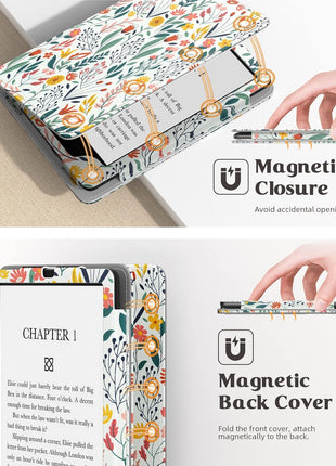 MoKo Case for 7 inch/6.8 inch Kindle Paperwhite(12th/11th Generation-2024/2021) and Kindle Colorsoft Signature Edition, Slim PU Shell Cover Case with Auto-Wake/Sleep for Kindle Paperwhite 2024, Flowers