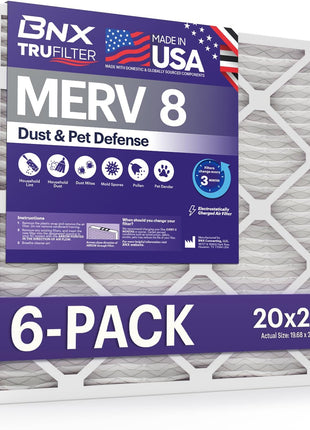 BNX TruFilter 20x25x1 Air Filter MERV 8 (6-Pack) - MADE IN USA – Dust & Pet Defense Electrostatic Pleated Air Conditioner HVAC AC Furnace Filters for Dust, Pet, Mold, Pollen MPR 600 – 700 & FPR 5