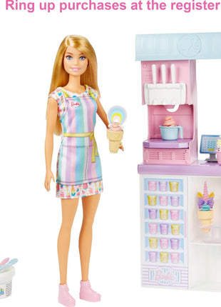 Barbie Careers Playset, Ice Cream Shop Set with Blonde Fashion Doll, Ice Cream Machine, Molds, Dough & Accessories