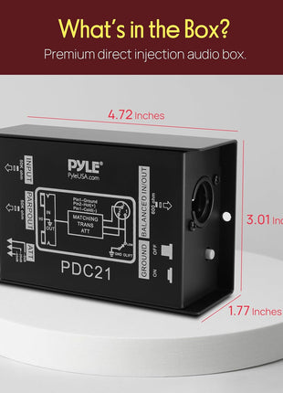 Pyle Premium Direct Injection Audio Box - 2.36" x 4.09" Passive DI Unit Hum Eliminator w/ Input Attenuator to Connect Guitar & Bass, 1/4'' Impedance Transformer Connector to Balanced & Unbalanced XLR