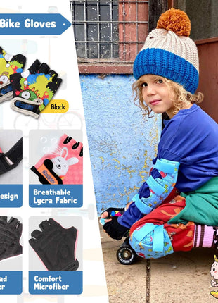 Soft-Style Kids Knee and Elbow Pads with Bike Gloves, Flexible Impact-Resistant Gear for Ages 2-11, Designed for Balance Bikes, Roller-Skating, and Skateboarding